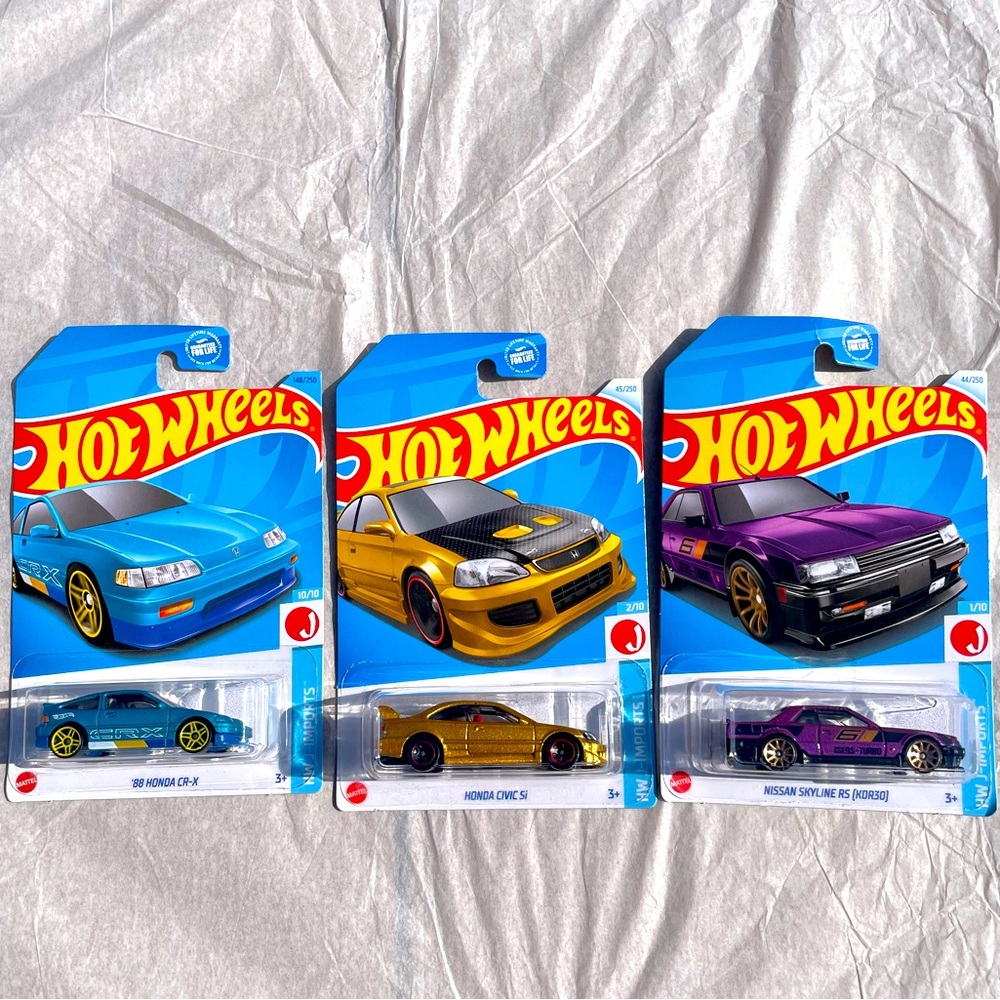 Hot Wheels Honda 88 CR-X, Civic Si, and Nissan Skyline RS